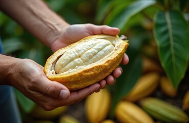 Close-up of bright yellow cocoa fruit held by farmer in Thai plantation. Mature white pulp, beans visible. Fresh green leaf background provides space for text. Highlights organic agriculture,