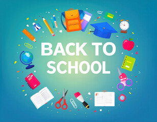 Colorful flat vector illustration for Back to School theme with modern gradient background, confetti, and educational icons like books, globe, pencils, and backpack