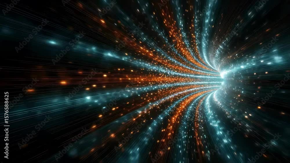 Poster experience a mesmerizing rotation of a digital tunnel infused with orange and teal hues enhanced by 