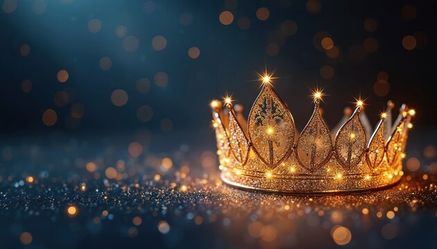 Golden crown illustration on dark background with stars, bokeh lights. Glamour, luxury, elegance for beauty pageants, royal events, fantasy themes. Features intricate design with sparkling details,