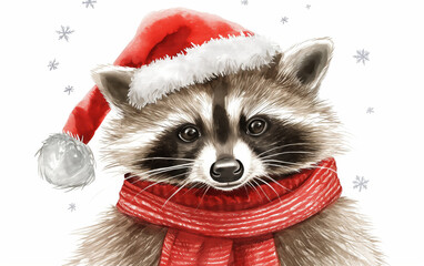 Watercolor drawing of a raccoon wearing a red santa hat and matching scarf. Cute animal portrait for Christmas and New Year greeting card. Festive winter holiday illustration on white background.
