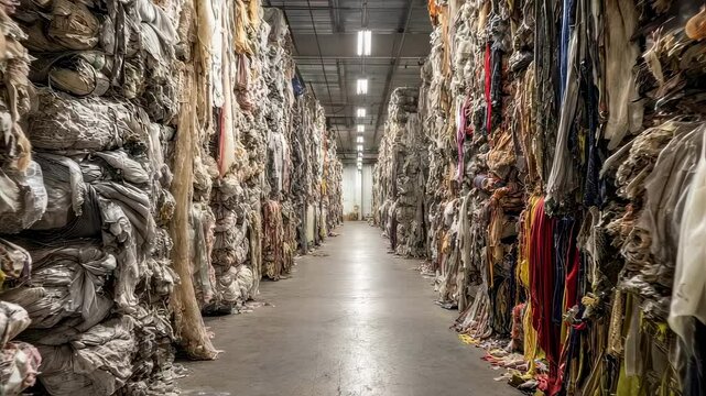 Rows of abandoned unusable fabrics stacked in a vast storage space reflecting the consequences of consumerism in fashion and the importance of implementing sustainable solutions.
