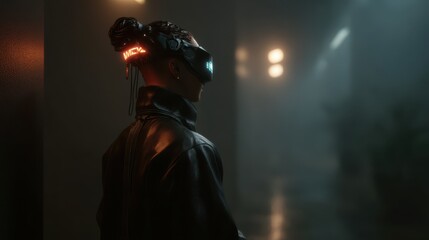 Cyberpunk hacker in neon city with holographic interface