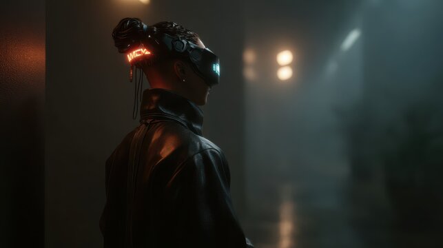 Cyberpunk hacker in neon city with holographic interface