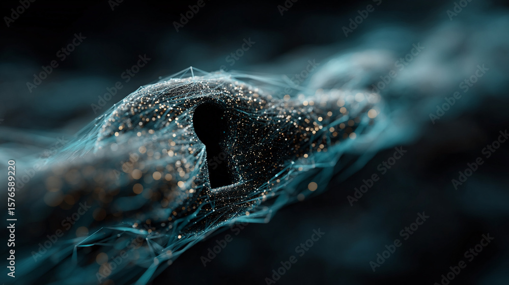Poster glimmering data streams intertwine to shape a symbolic keyhole, embodying digital security and conne
