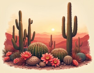 Desert landscape illustration featuring various cacti, blooming desert flowers at sunset. Tall saguaro cacti dominate scene alongside barrel, prickly pear varieties, with vibrant pink blossoms. Warm,