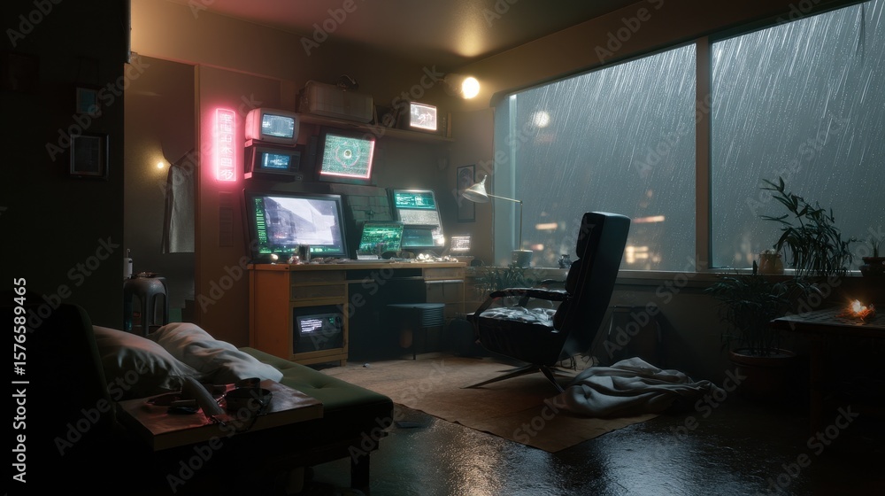 Poster cyberpunk hacker workspace with multiple holographic screens in rainy futuristic city