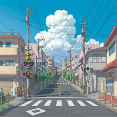 Vibrant Retro Anime Style Street Scene in Japanese City on a Sunny Day