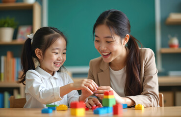 Smiling Asian teacher interacts with young girl with Down syndrome playing with colorful building blocks. Classroom setting with books, chalkboard creates atmosphere of learning, development. Focus
