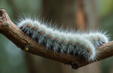 Row of hairy white caterpillars with orange spots crawl along textured tree branch in nature. Close-up macro detail shows fluffy invertebrates. Focus on health hazards, skin irritation, pest control,