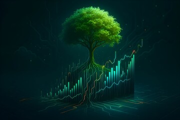 Tree on financial graph symbolizes green bonds and sustainable impact investing.
