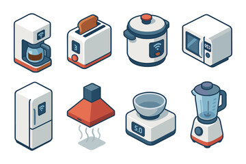 Modern isometric kitchen appliances set with smart features and connectivity