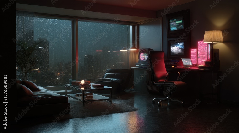 Poster futuristic cyberpunk hacker workspace with holographic screens in moody urban setting
