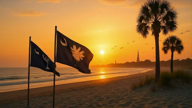 South Carolina state flags wave on a beach at sunrise or sunset. Palm trees line the sand with a distant church steeple visible. Birds fly overhead in the golden sky