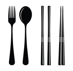 Elegant Black and White Cutlery Set Illustration Featuring a Fork Spoon and Two Pairs of Chopsticks Perfect for Restaurant Menus and Culinary Designs Minimalist and