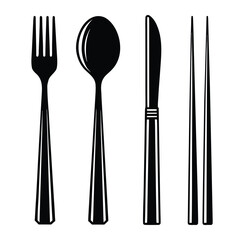Elegant Black and White Cutlery Set Featuring a Fork Spoon Knife and Chopsticks Perfect for Representing Dining Cuisine or Culinary Arts in a Minimalist Style