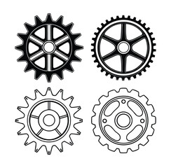 Set of four gear wheels black and white vector illustration Different styles of cog wheels perfect for industrial mechanical or engineering themed designs