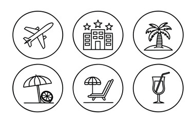 Collection of travel and vacation icons in a simple line style featuring airplane hotel palm tree beach cart beach chair and cocktail for design projects