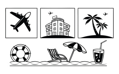 Black and white vector illustration depicting a vacation theme with airplane hotel palm tree beach chair umbrella life preserver and a drink perfect for travel
