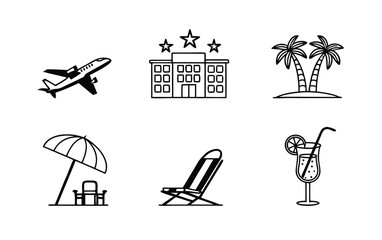 Set of black and white line art icons representing travel and vacation themes including airplane hotel palm tree beach chair cocktail and umbrella with table
