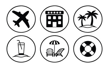 Collection of black and white vector icons representing travel and vacation including an airplane hotel palm trees cocktail beach chairs and life preserver in circles