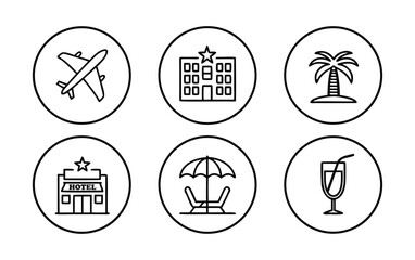 A set of six line art icons representing aspects of travel and vacation including airplane hotel palm tree beach umbrella and a cocktail glass in