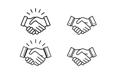 Four handshake icons in black and white representing agreement collaboration partnership and business deals with some icons featuring radiating lines to emphasize success and positive
