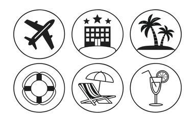 Monochrome travel icons set featuring airplane hotel palm tree lifebuoy beach chair with umbrella and cocktail glass representing vacation tourism and leisure activities
