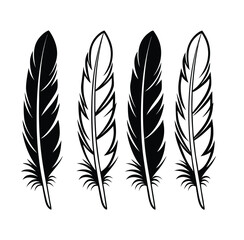 Elegant Black and White Feather Illustration Set Featuring Four Distinct Feather Designs in a Minimalist Style Perfect for Graphic Design and Creative Projects on White