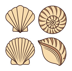 Collection of Four Stylized Seashell Illustrations with Brown Outlines Featuring Scallop Shells and a Spiraled Nautilus Shell Isolated on White Background for Design Elements
