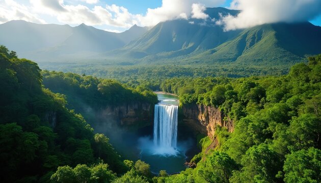 Majestic waterfall cascades down green cliffs into turquoise pool, surrounded by dense tropical forest, misty mountains. Breathtaking natural wonder on Mauritius island offers serene escape,