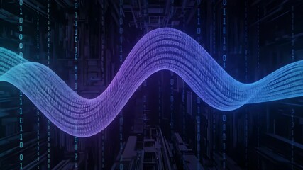 Abstract Digital Waveform Flowing Through Dark Cybernetic Structure with Blue and Purple Hues - Powered by Adobe