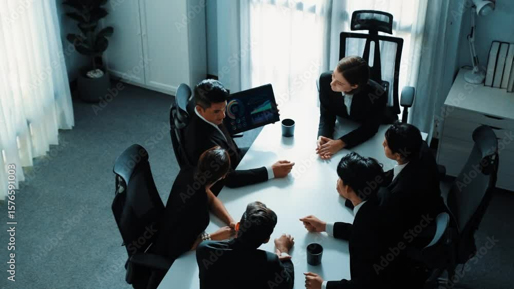 Poster top view of project manager present increasing sales chart while diverse group analysis financial in