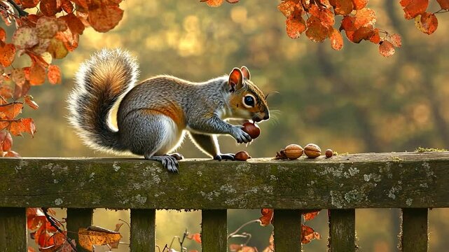 Gray squirrel eating a nut on a weathered wooden fence, autumnal backdrop