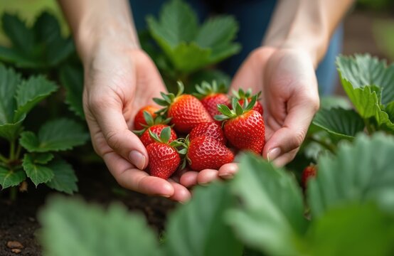 Hands carefully plucking ripe seedless strawberries from green plant. Close-up view captures of organic gardening, summer harvesting. Fresh, red berries gathered from cultivated field, natural