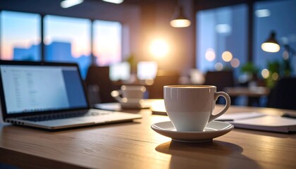 Laptop, coffee cup, and office workspace at sunset