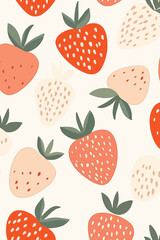 Seamless Vector Background Pattern of Hand-Drawn Red Strawberries with Leaves on Beige Copy Space