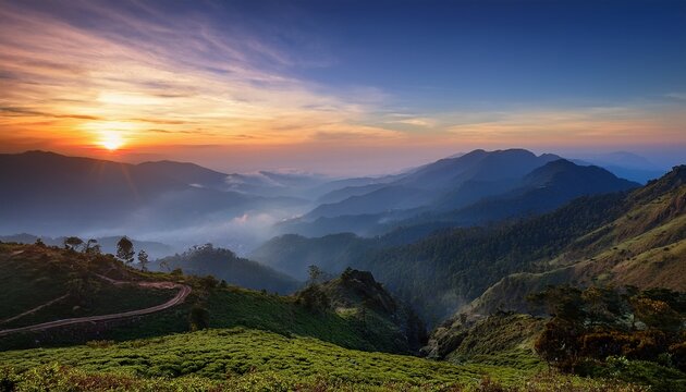 kodaikanal offers breathtaking views at dawn with soft light enhancing the peaks and valleys gentle mist cloaks the distant mountains creating a tranquil atmosphere