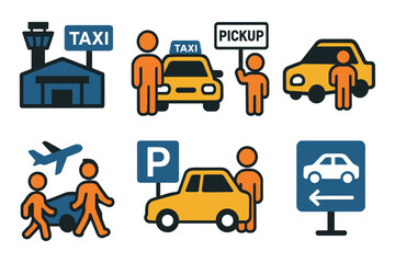 Taxi and airport service icons in flat design for transportation and travel needs