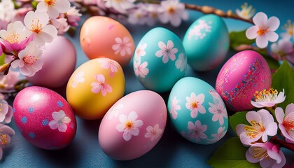 Fototapeta premium colorful easter eggs with cherry blossoms perfect for spring celebrations and decor