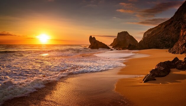 the golden sunset casts a warm glow over the ocean waves gently washing onto the sandy shore the sky is painted with hues of orange and pink while the rocky cliffs add a dramatic contrast to the se
