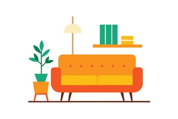Mid Century Modern Interior With Orange Couch And Floor Lamp