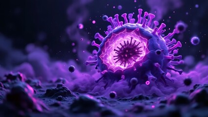 Obraz premium Deadly Virus Emerging from a Cracked Bacterial Shell in a Dark Lab with Purple Smoke and Neon Medical Lighting 