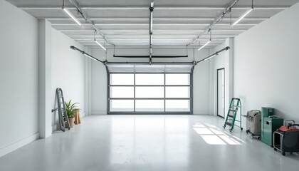Clean, modern white garage interior with open glass door. Sunlight streams onto polished concrete floor. Includes storage units, ladder, potted plants, suggesting spacious, organized automotive