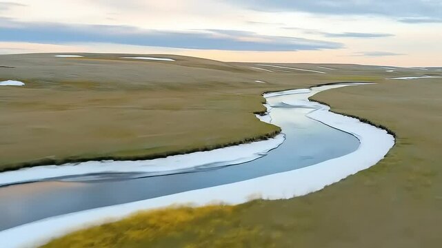 Winding River with Prairie Landscape, and Spring.