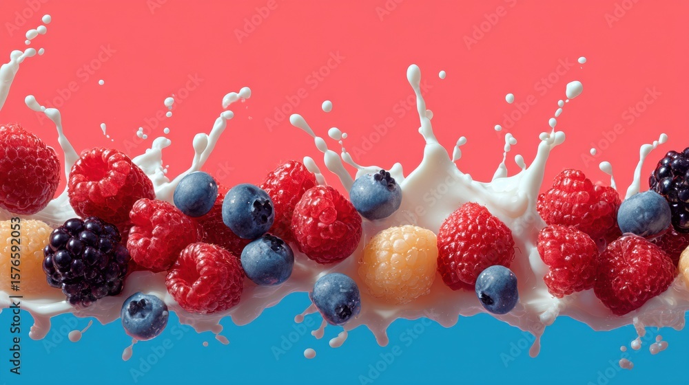 Aufkleber assorted berries splash in milk creating vibrant pop art effect against colorful background