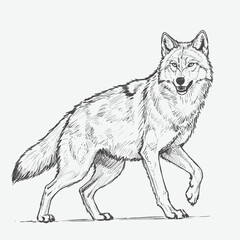 Fototapeta premium A detailed sketch of an elegant gray wolf moving gracefully through a rugged forest landscape. The drawing highlights the wolf's fur texture and dynamic pose with fine detail.
