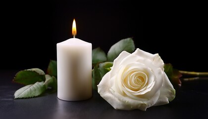 Fototapeta premium for a funeral notification or obituary a white rose with a burning candle on a black background is used conceptual mourning ceremony white rose candle obituary generative ai