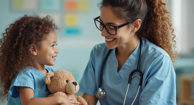 Doctor smiling down at child, teddy bear. Young girl holding stuffed animal in both hands. Doctor in blue uniform with stethoscope around neck. Blue wall backdrop with whiteboard, colorful poster.