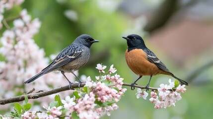 Fototapeta premium Two birds on blossoming branch